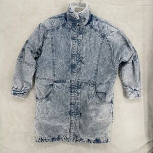 Vtg British Mist Acid Wash Denim Parka Sherpa Lined Toggle Jacket Funnel Neck M